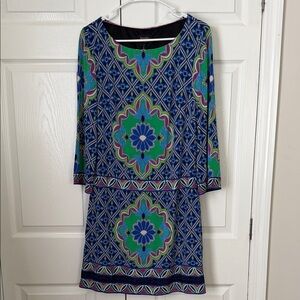 Laundry By Shelli Segal Blue and Green Patterned Long Sleeve Dress